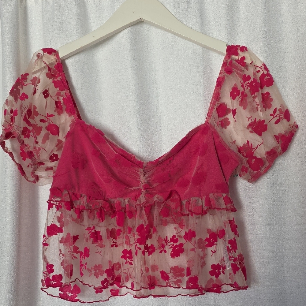 Kimchi Blue Red Floral Sheer Blouse